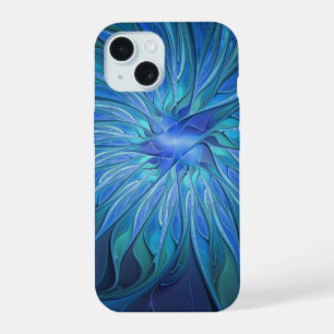 Coque iPhone 15 Motif fantaisie de fleur bleue, art fractal abstra