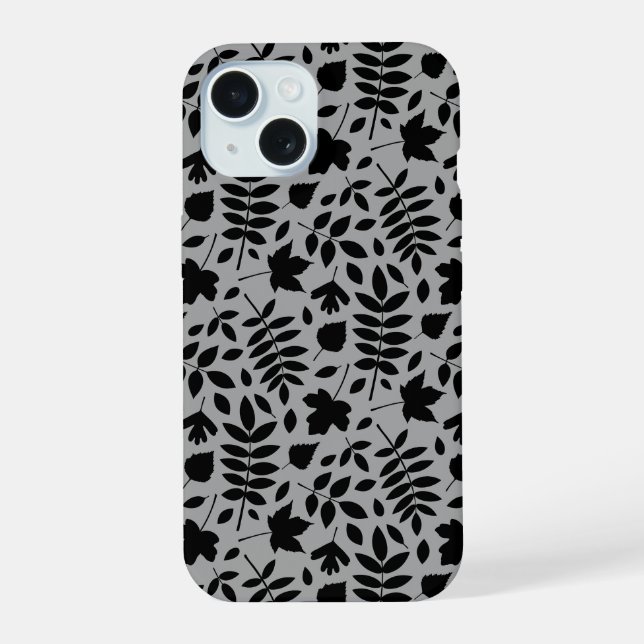 Coque iPhone 15 Motif Feuille tombé noir sur gris (Verso)