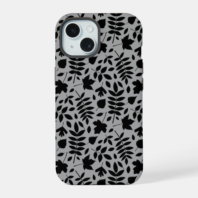 Coque iPhone 15 Motif Feuille tombé noir sur gris (Verso)