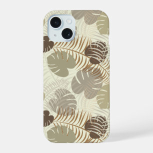 Coque iPhone 15 Motif feuille tropicale élégant beige, pierre