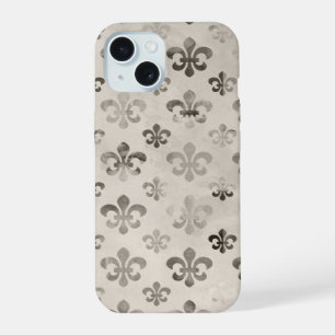 Coque iPhone 15 Motif Fleur De Lis Gris Argent en détresse Tendanc