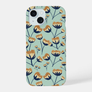 Coque iPhone 15 Motif fleur sauvage moutarde et marine vintage