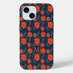 Coque iPhone 15 Motif Fleurs Rouges Monogramme Bleu Foncé