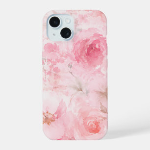 Coque iPhone 15 Motif floral aquarelle rose tendre