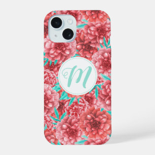 Coque iPhone 15 Motif floral corail et monogramme