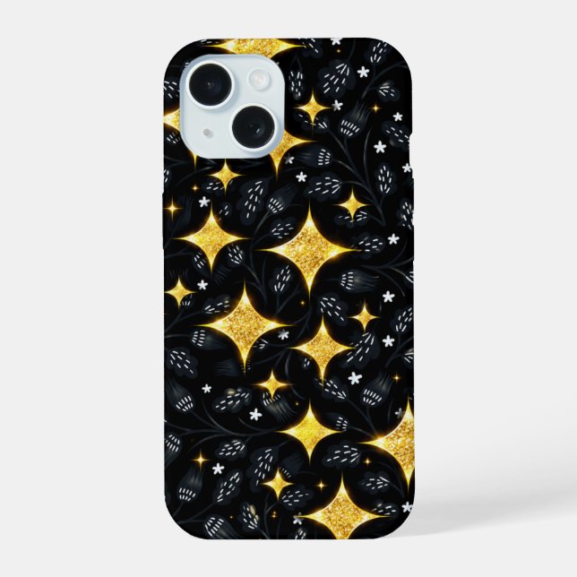 Coque iPhone 15 Motif floral de l'étoile dorée. (Verso)