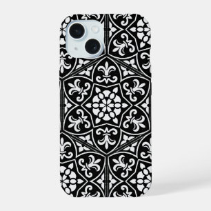 Coque iPhone 15 Motif floral fleur de lis noir et blanc