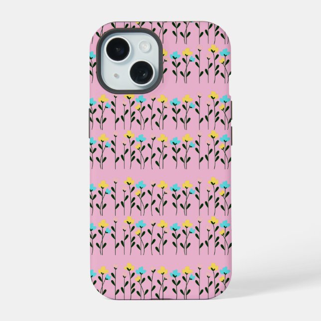 Coque iPhone 15 Motif floral gris chic monogramme (Verso)