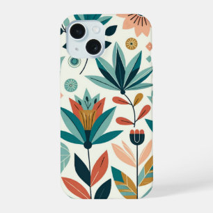Coque iPhone 15 Motif floral imprimé moderne gras vert orange