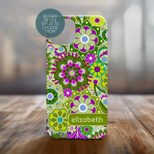 Coque iPhone 15 Motif floral rétro tendance avec bloc de nom