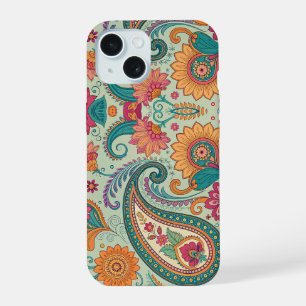 Coque iPhone 15 Motif floral vert clair Paisley Boho vibrant