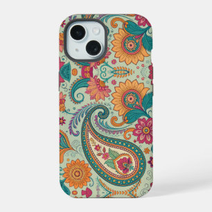 Coque iPhone 15 Motif floral vert clair Paisley Boho vibrant