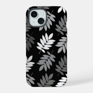 Coque iPhone 15 Motif Grande Feuille Elder Noir Blanc Gris
