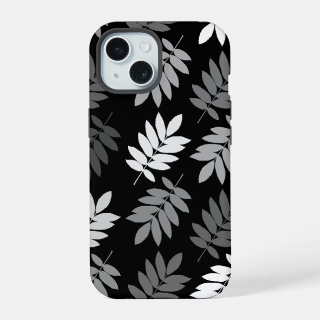 Coque iPhone 15 Motif Grande Feuille Elder Noir Blanc Gris (Verso)