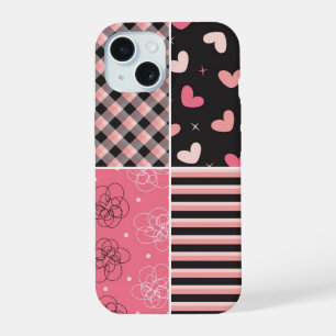 Coque iPhone 15 Motif gribouillé carreaux rayures coeurs noirs ros