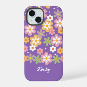 Coque iPhone 15 Motif Groovy Hippie Daisy avec nom Violet