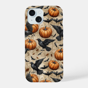 Coque iPhone 15 Motif Halloween Citrouilles, Corbeaux et Chauves-s