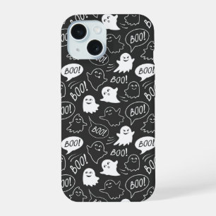 Coque iPhone 15 Motif Halloween doodle mignon en N&B
