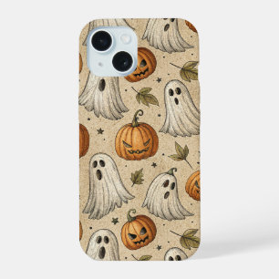 Coque iPhone 15 Motif Halloween Fantômes et Citrouilles Vintage