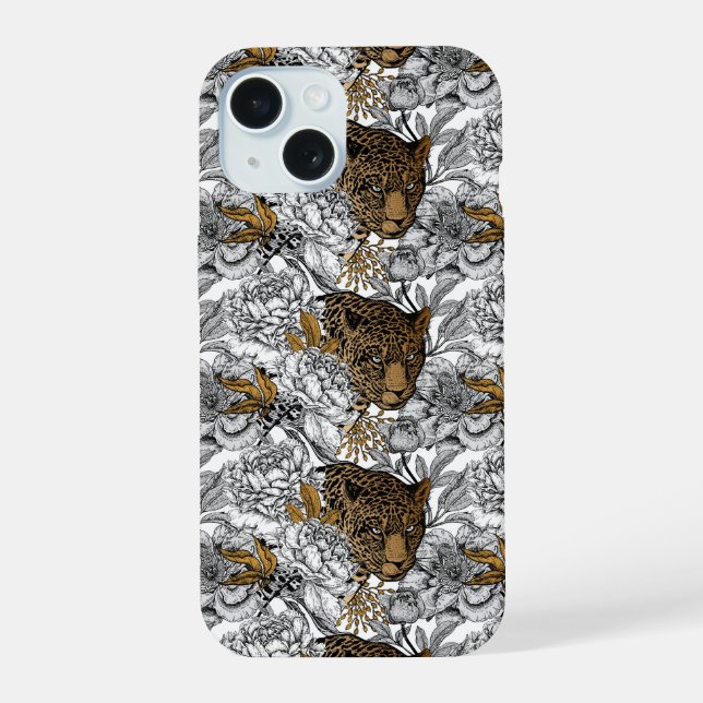 Coque iPhone 15 Motif Leopard & Peonies (Verso)