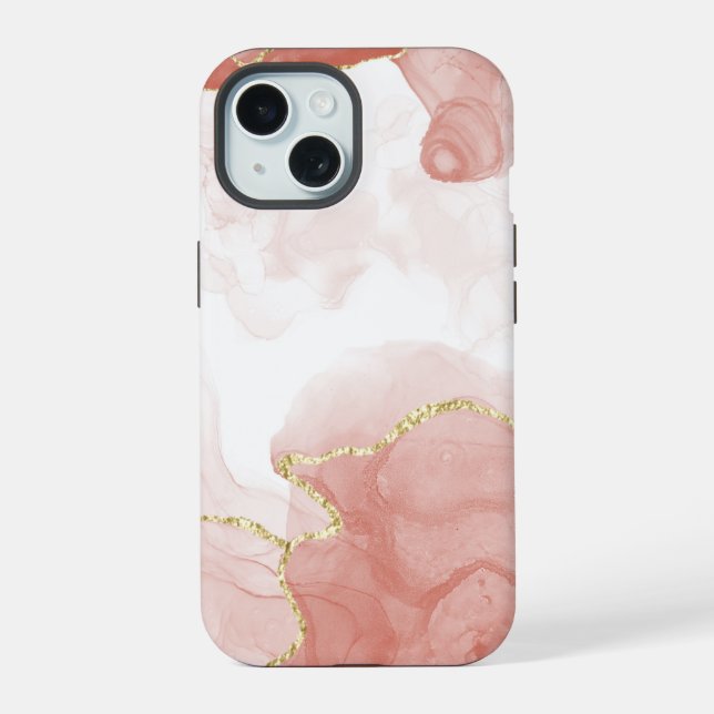 Coque iPhone 15 Motif marbré aquarelle rouge doré (Verso)