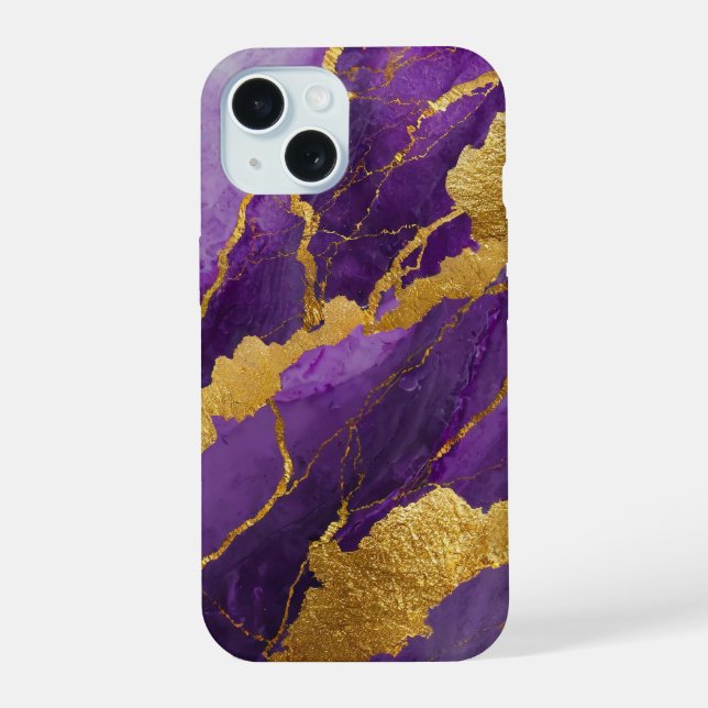 Coque iPhone 15 Motif Marbre Violet avec Or (Verso)