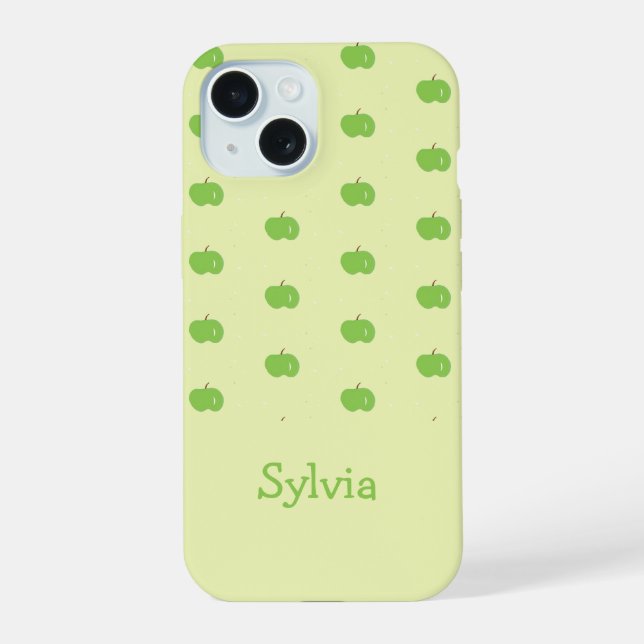 Coque iPhone 15 Motif monogramme de pommes vertes (Verso)