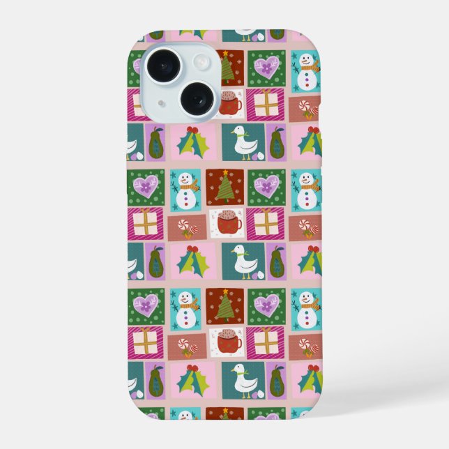 Coque iPhone 15 Motif Patchwork de Noël Mignon (Verso)