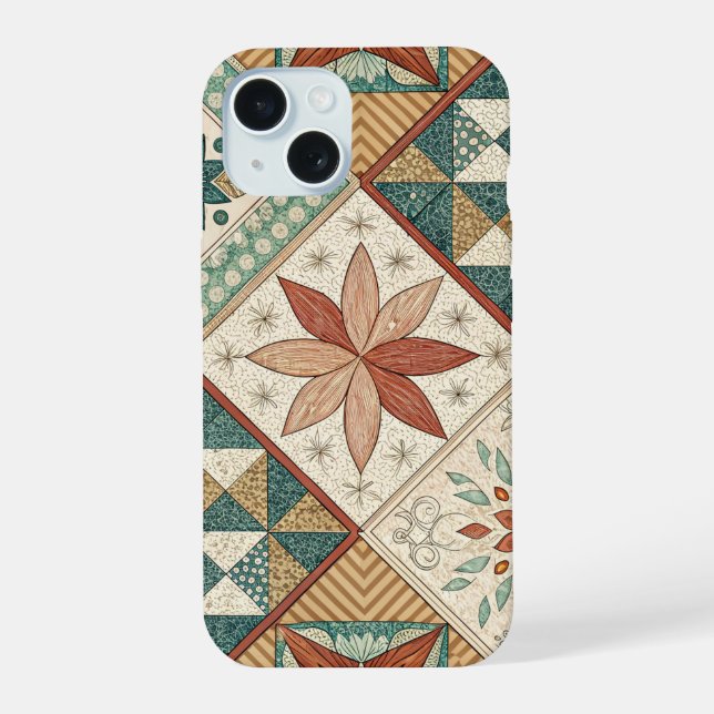 Coque iPhone 15 Motif patchwork diamant rustique - Géométrique (Verso)