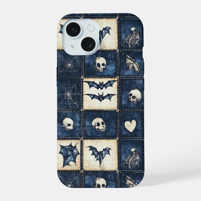Coque iPhone 15 Motif patchwork en jean Halloween gothique (Verso)