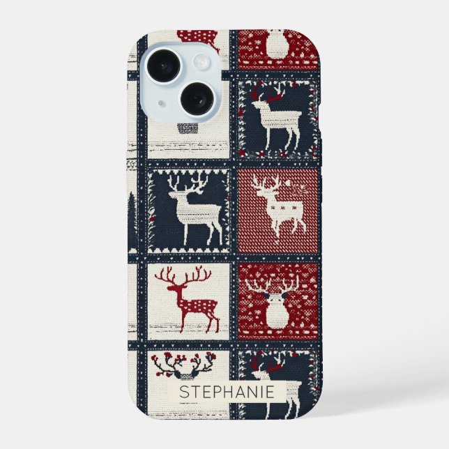 Coque iPhone 15 Motif patchwork tricot rustique | Nordique (Verso)