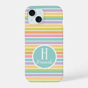 Coque iPhone 15 Motif rayé pastel personnalisé avec monogramme