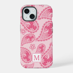 Coque iPhone 15 Motif rétro moderne Monogram Pink Paisley