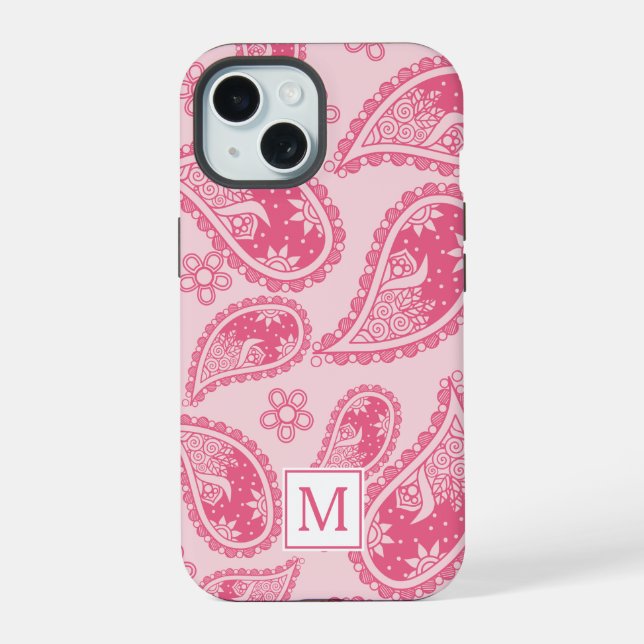 Coque iPhone 15 Motif Rétro Paisley Rose Monogramme Moderne (Verso)