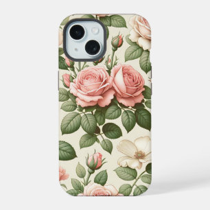 Coque iPhone 15 Motif Rose Rose Vintage sur Fond Crème