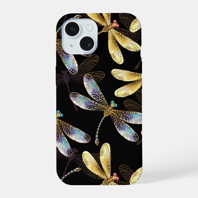 Coque iPhone 15 Motif sans couture avec libellules d'or (Verso)