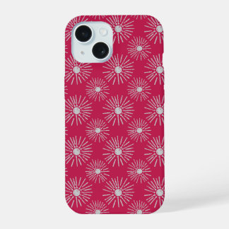 Coque iPhone 15 Motif Soleil Levant Rétro Gras en Rose Foncé