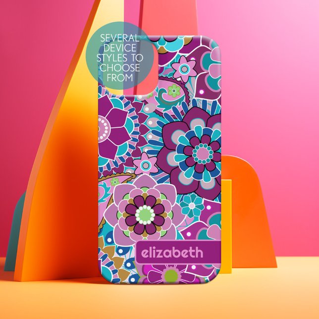 Coque iPhone 15 Motif tendance rétro Floral - bloc de nom personna (Personalized Phone Case)