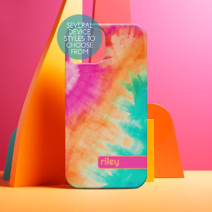Coque iPhone 15 Motif Tie Dye Rose Orange Sarcelle - nom personnal