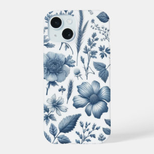 Coque iPhone 15 Motif traditionnel de la floraison bleue fine Chin