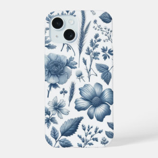 Coque iPhone 15 Motif traditionnel de la floraison bleue fine Chin