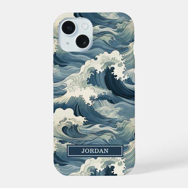 Coque iPhone 15 Motif Vagues Japonaises Monogrammé (Verso)