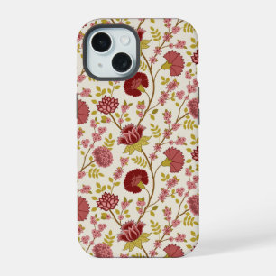 Coque iPhone 15 Motifs Floraux Jacobéens Rouges Roses Or Crème