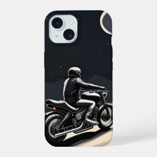 Coque iPhone 15 Motocycliste roulant sous un ciel éclairé par la l