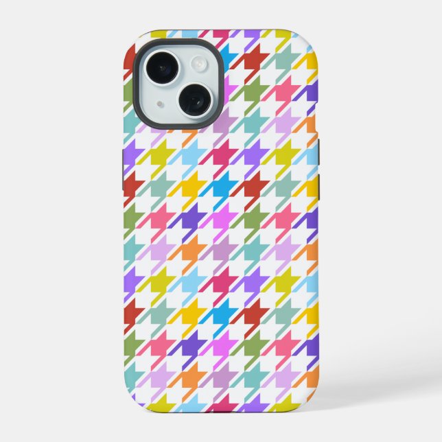 Coque iPhone 15 Multicolor Houndstooth+Motif blanc (Verso)