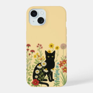 Coque iPhone 15 Nature botanique – Chat noir dans un jardin de fle