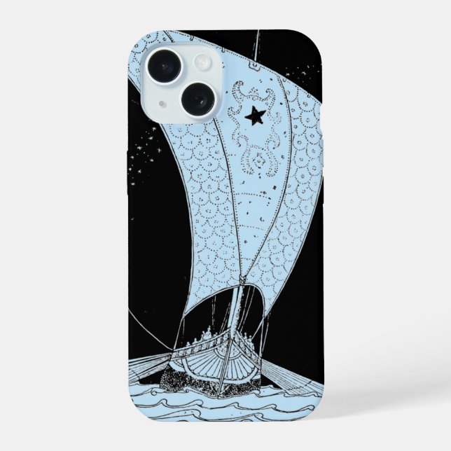Coque iPhone 15 Navire long Viking à la nuit bleue (Verso)