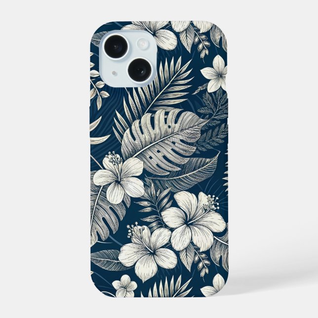 Coque iPhone 15 Navy Blue Hibiscus Monstera Tropical Botanical (Verso)