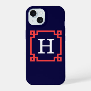 Coque iPhone 15 Navy, cadre grec rouge corail Monogramme initial #