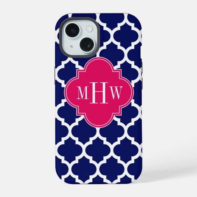 Coque iPhone 15 Navy Wht Marocain #5 Raspberry 3 Initial Monogramm (Verso)